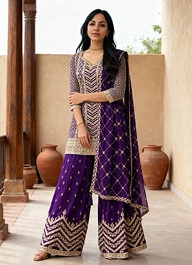 Chinon Purple Palazzo Suit Adorned With Sequins And Zari Embroidery