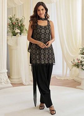 Classic Black Silk Embroidered Mirror work Sequins Beads Straight Pant Suit