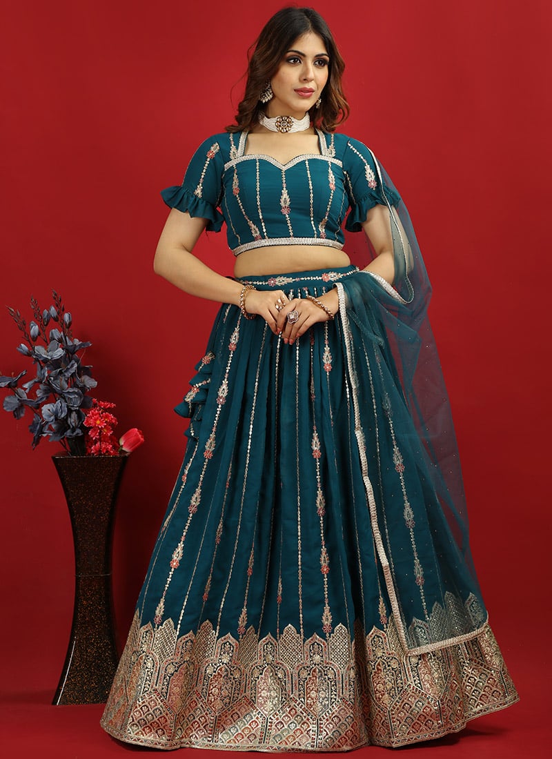 Classic Blouse N Peacock Blue Embroidered Lehenga Wedding Wear