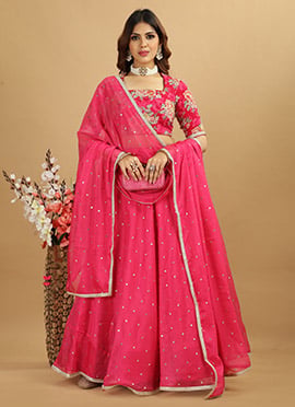 Classic Blouse N Pink Chinon Lehenga