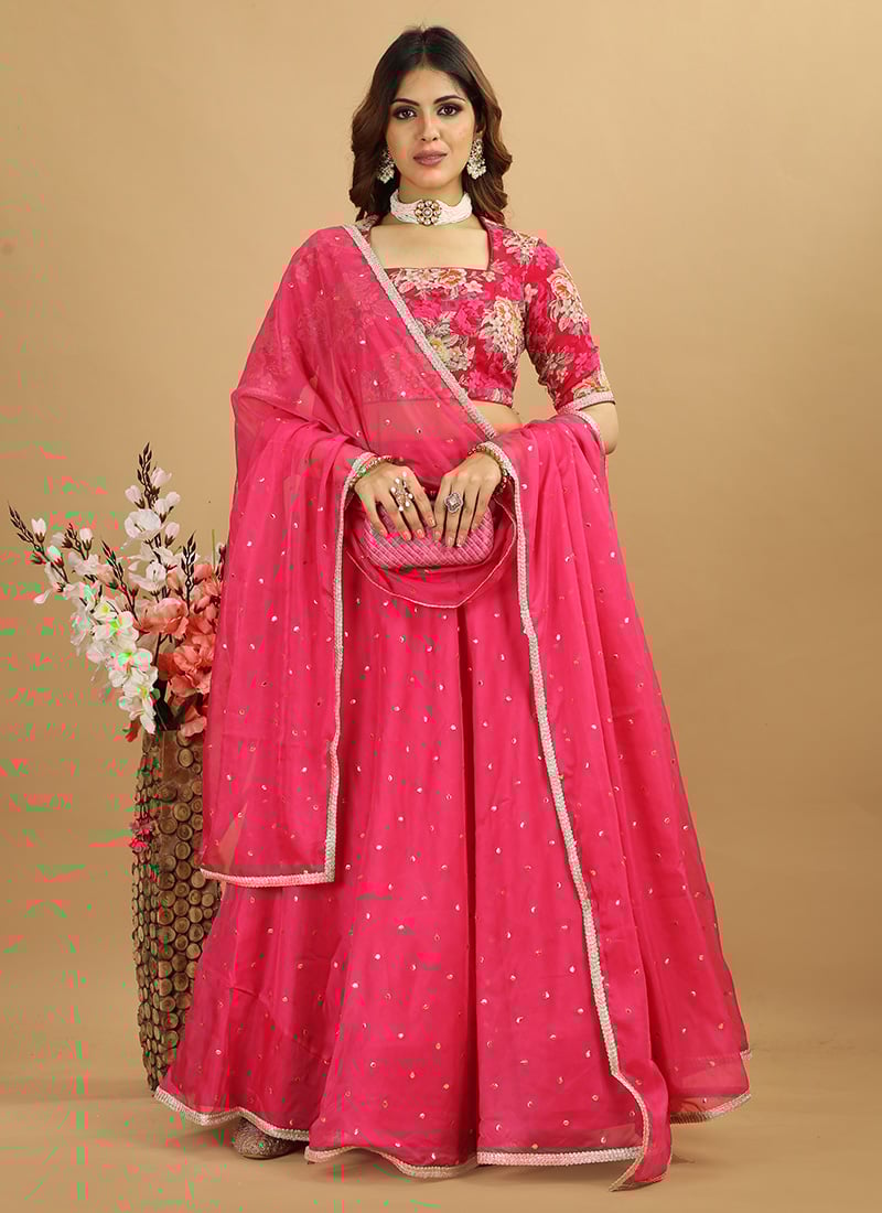 Classic Blouse N Pink Chinon Lehenga
