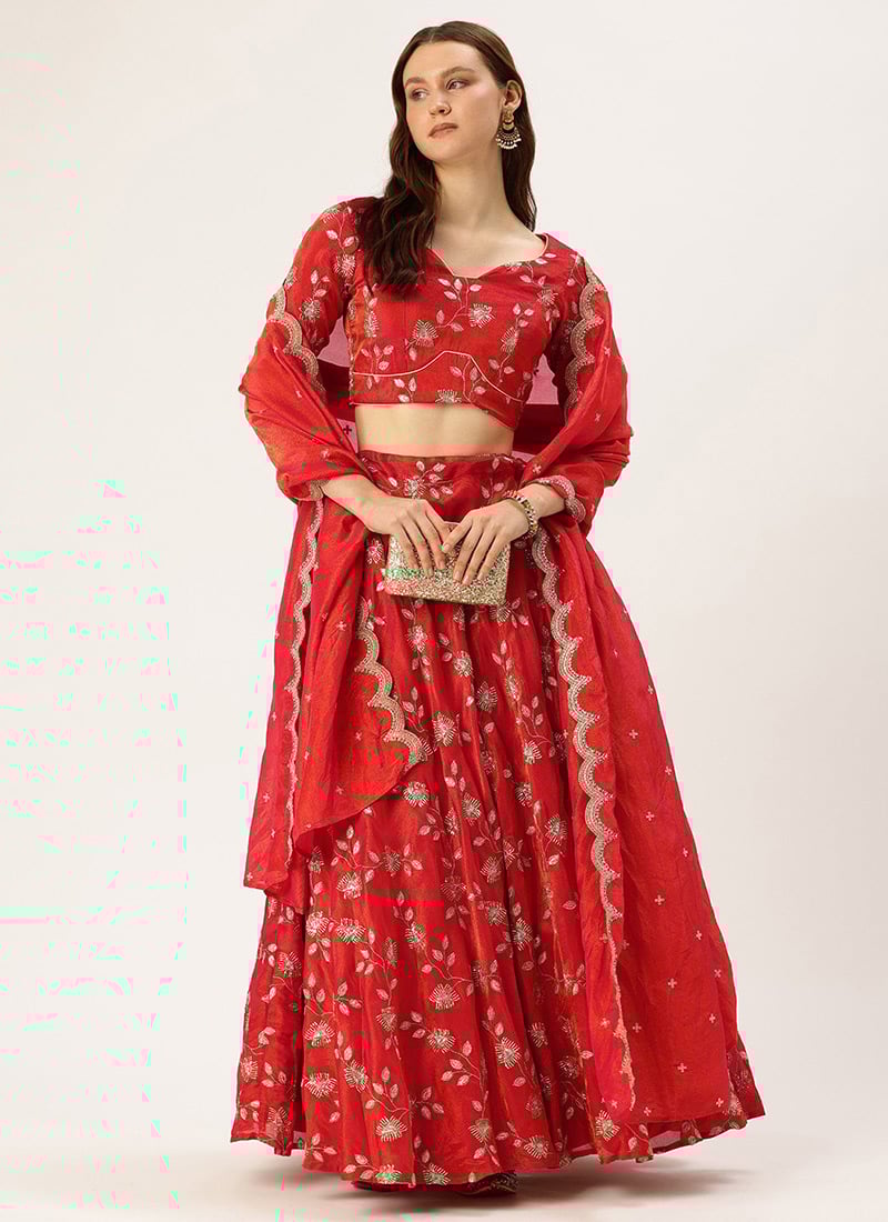 Classic Blouse N Red Viscose Embroidered Lehenga Set