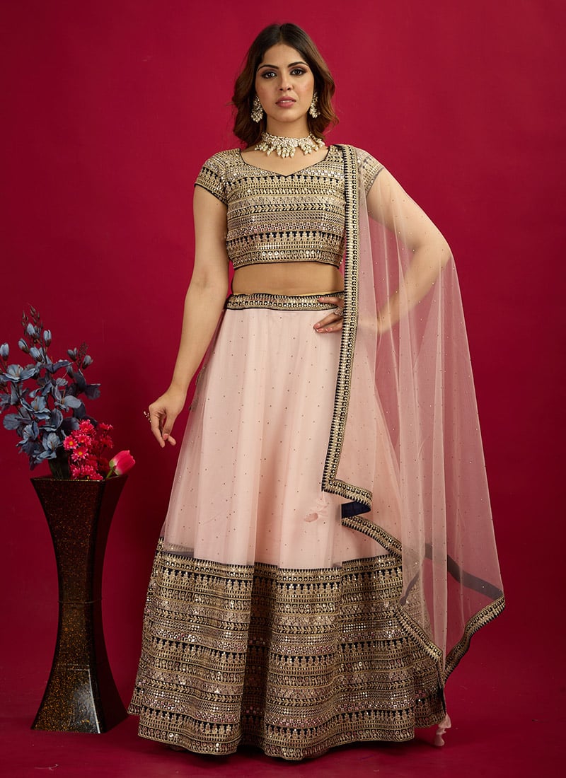 Classic Blouse With Blue N Peach Jacquard Lehenga