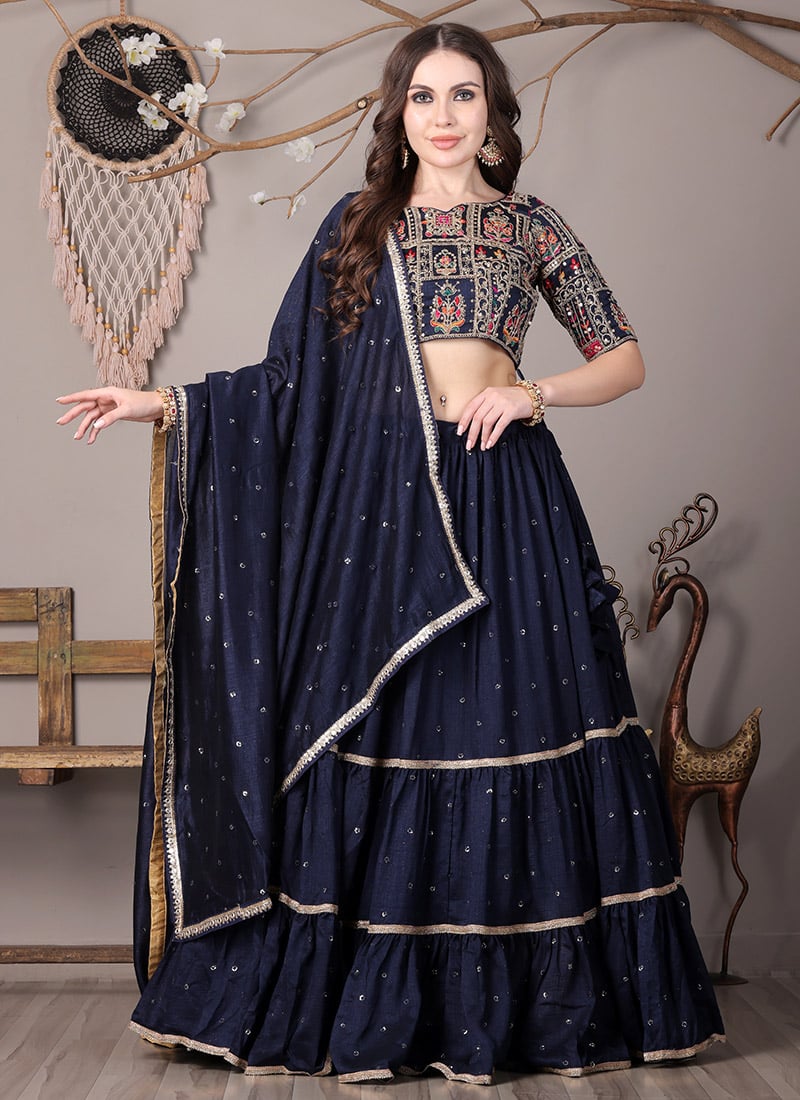 Classic Blouse With Navy Blue Embroidered Lehenga