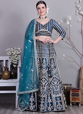 Classic Blouse With Teal Blue Velvet Lehenga