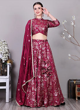 Classic Blouse With Wine Embroidered Lehenga Set