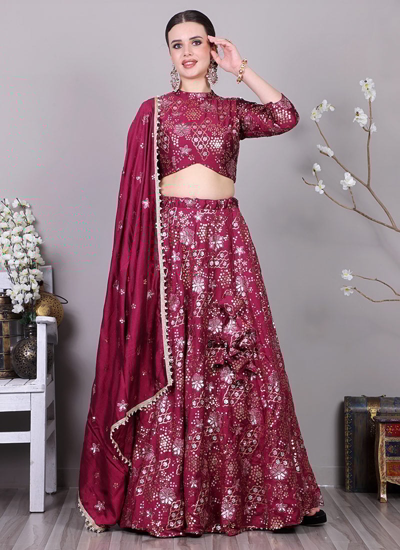 Classic Blouse With Wine Embroidered Lehenga Set Wedding Wear