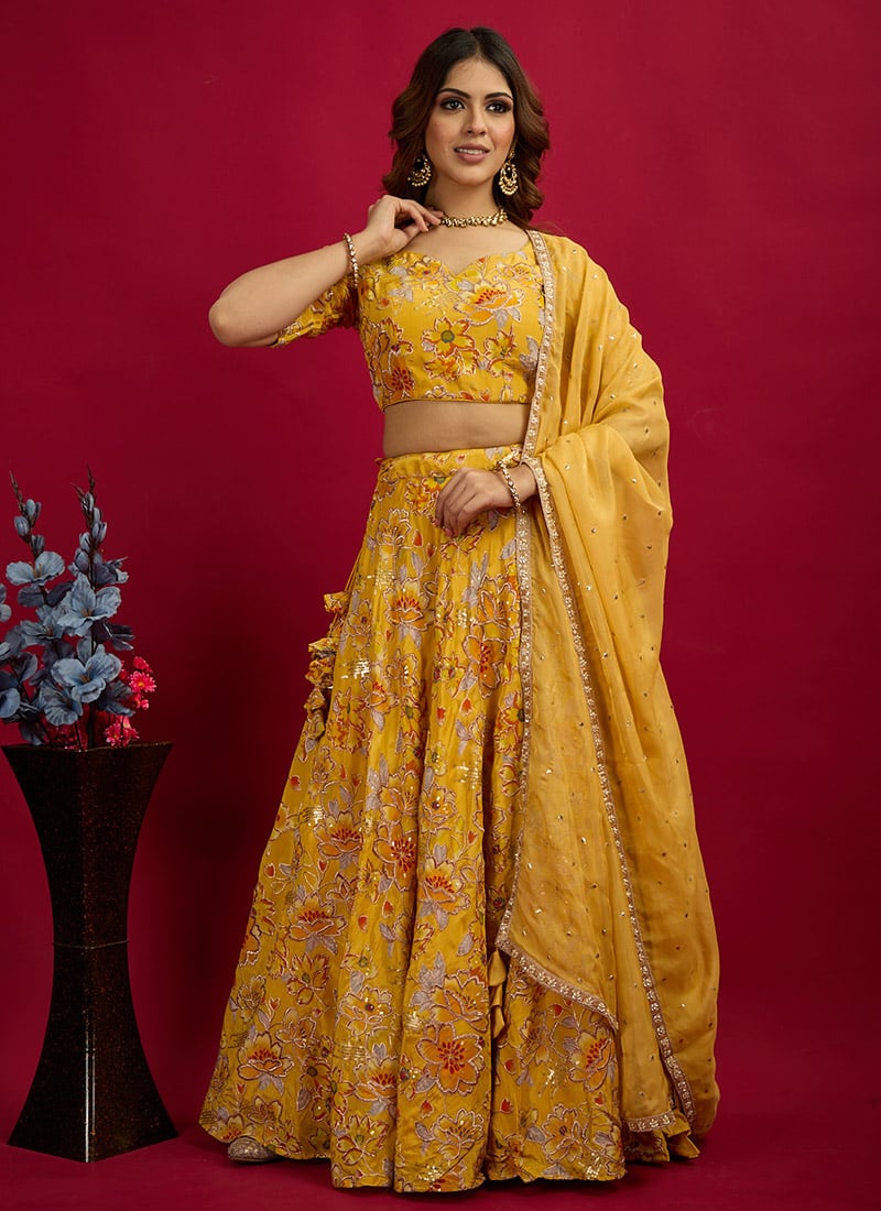 Classic Blouse With Yellow Crepe Printed Lehenga