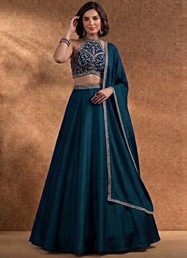 Classic Blue Chinon Beads Stones Hand Embroidered Umbrella Lehenga