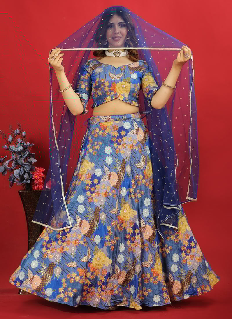 Classic Blue Crepe Blouse N Embroidered Lehenga