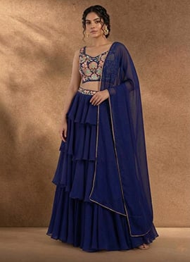 Classic Blue Faux Georgette Resham Beads A Line Lehenga