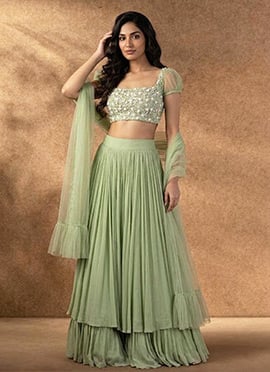 Classic Pastel Green Faux Georgette Beads Stones Hand Embroidered A Line Lehenga