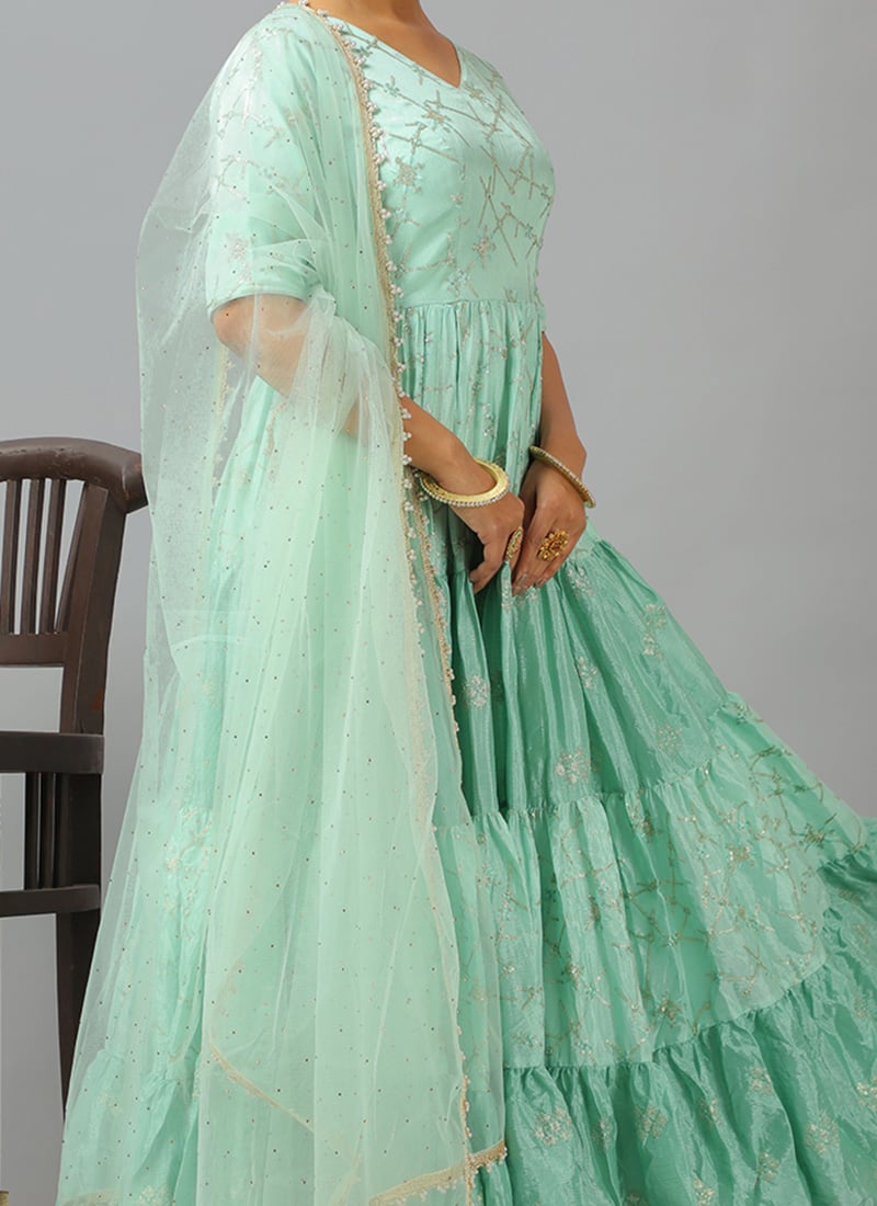 Viridian Green Pant style Anarkali Semi-Stitched Salwar Kameez main image 1