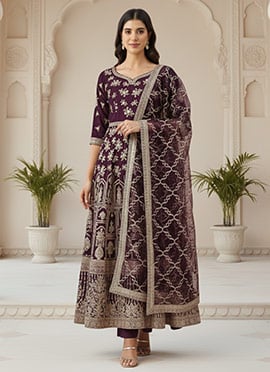Teen Girls Classic Purple Net Embroidered Anarkali Suit
