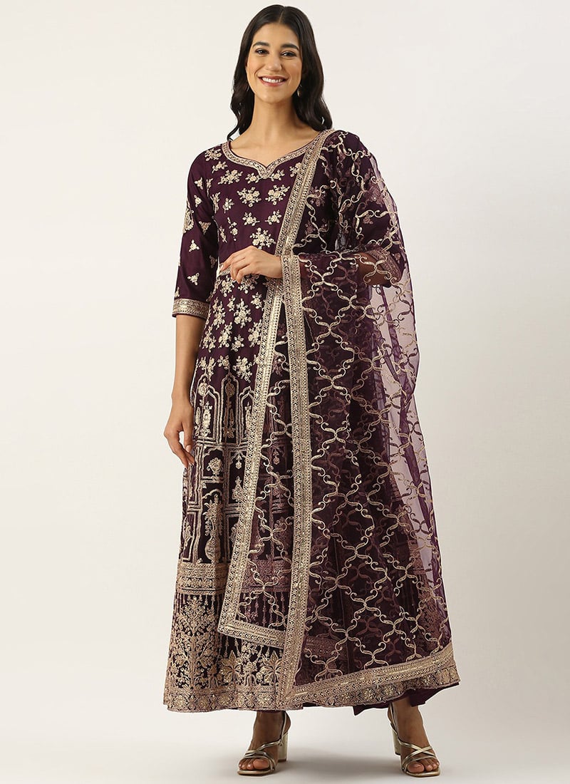 Teen Girls Classic Purple Net Embroidered Anarkali Suit