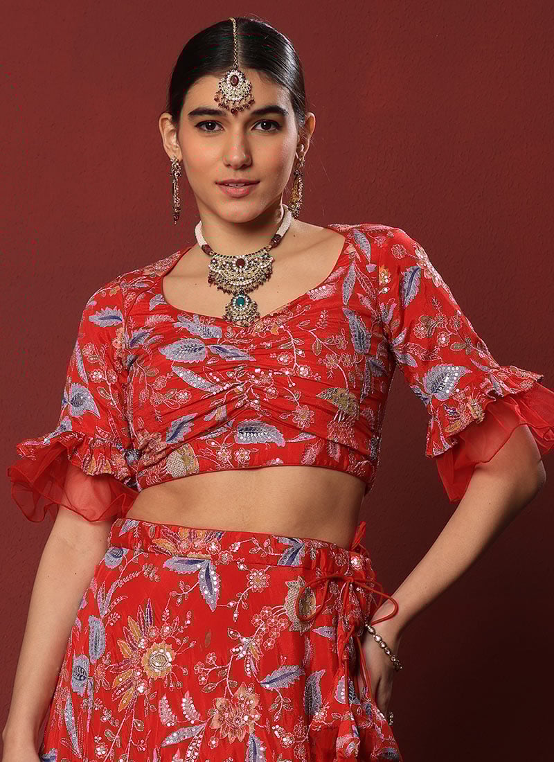 Classic Red Viscose Printed N Embroidered Blouse Wedding Wear