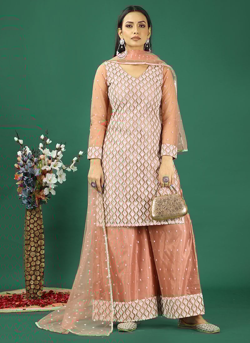 Classic Top N Cameo Brown Net Palazzo Suit Wedding Wear
