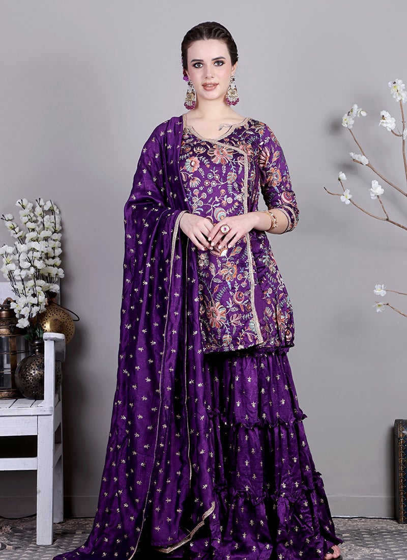 Classic Top With Purple Art Silk Sharara Suit