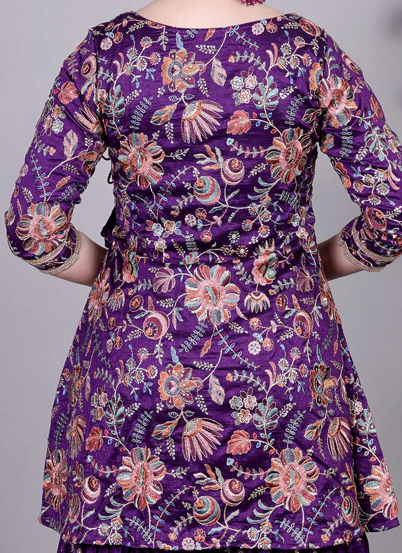 Purple Chinon Silk Sharara Suit For Indian & Pakistani Wedding Festival - Thread & Sequence Embroidery main image 1