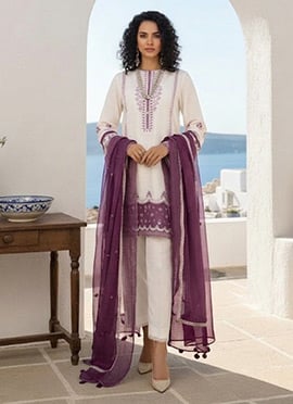 Classic White Silk Resham Embroidered Stones Beads Straight Pant Suit