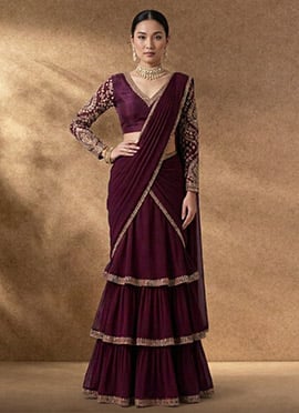 Classic Wine Georgette Zari Sequins Saree Border Added Ready Lace Saree