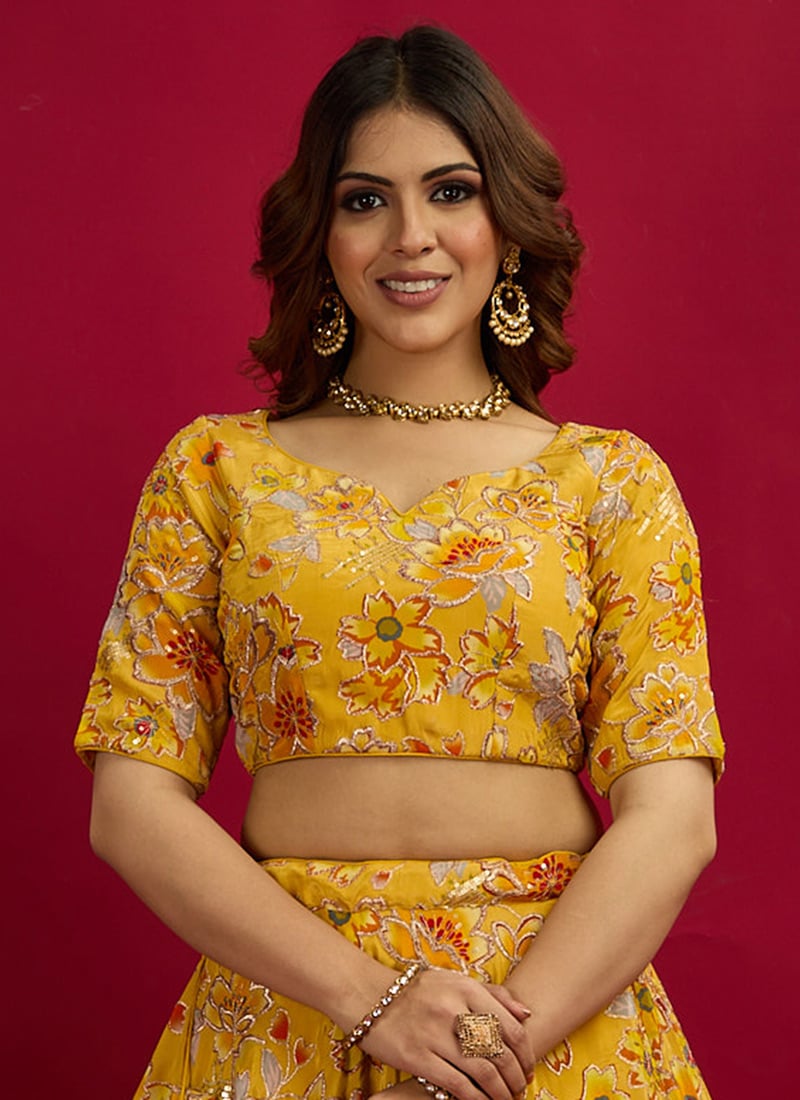 Classic Yellow Crepe Printed Embroidered Blouse Wedding Wear