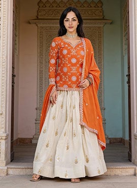 Classy Cream Tissue Silk Embroidered Sequins Long Choli Lehenga