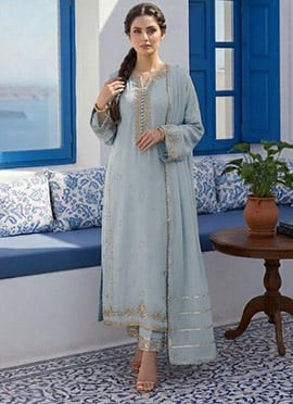 Classy Powder Blue Georgette Zari Sequins Straight Pant Suit