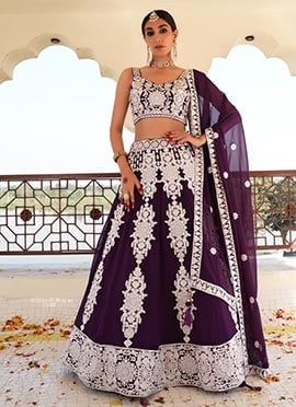 Classy Purple Faux Georgette Embroidered Sequins Lehenga Wedding Wear