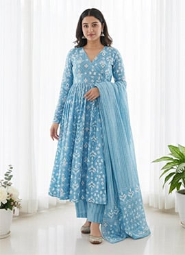 Classy Sky Blue Printed Angarkha Style Anarkali Suit With Dupatta