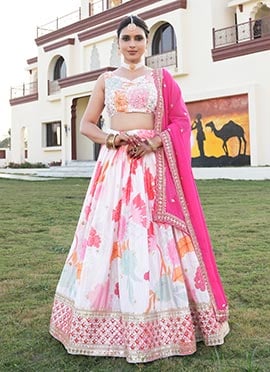 Classy White Satin Digital Print Zari With Sequins Lehenga