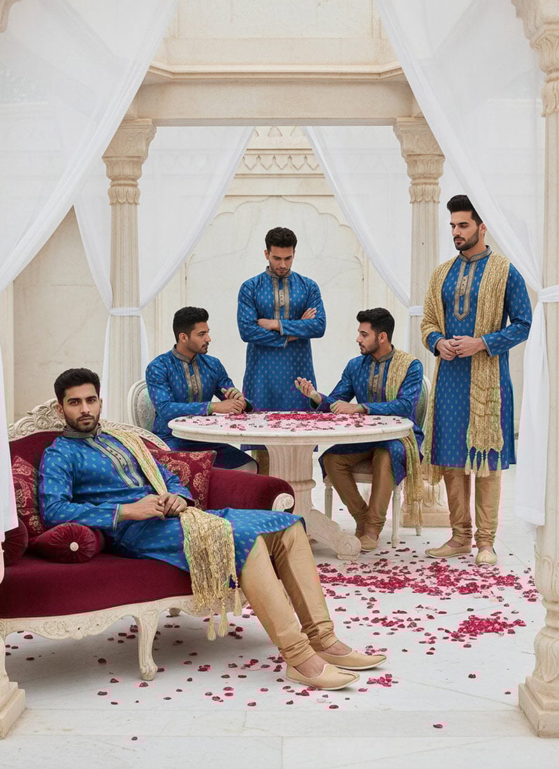 Cobalt Blue Jacquard Silk Kurta Pyjama