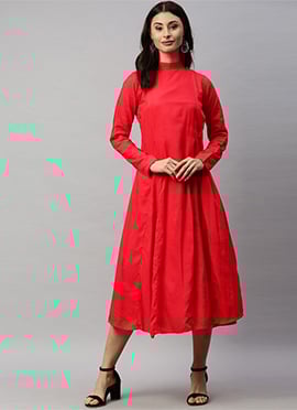 Collar Neck Calf Length Red Dress