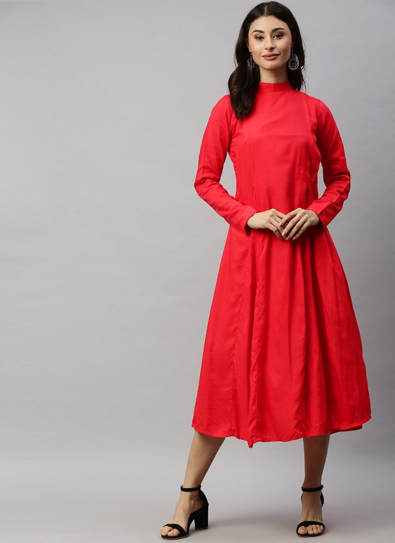 Collar Neck Calf Length Red Dress