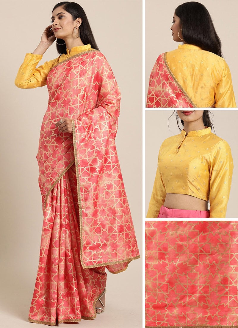 Collar Neck Yellow N Orange Border Saree Festive Wear