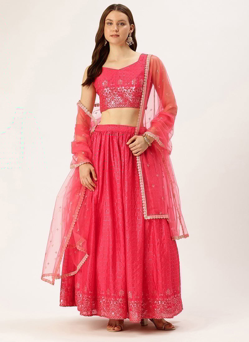 Coral Chinon Embroidered Sequins Lehenga Set