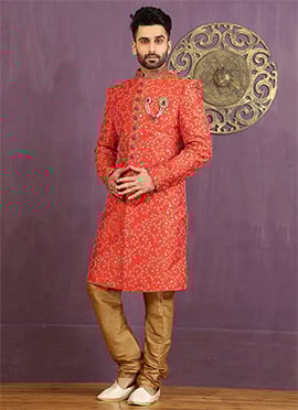 Coral Orange Art Silk Achkan Sherwani