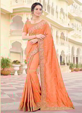 Coral Peach Vichitra Silk Zari Embroidery Saree