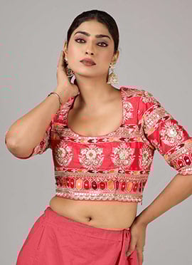 Coral Pink Chinon Embroidered Blouse