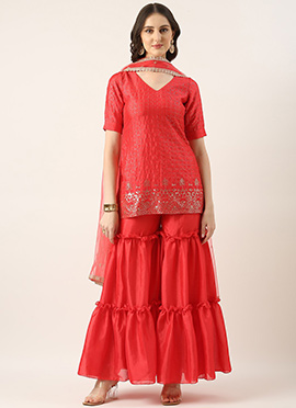 Coral Pink Chinon Embroidered Sequins Sharara Suit