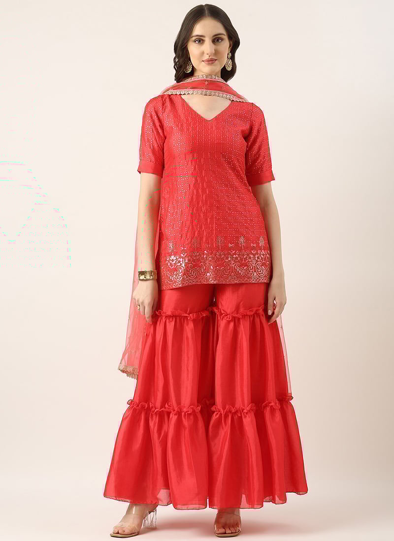 Coral Pink Chinon Embroidered Sequins Sharara Suit Festive Wear