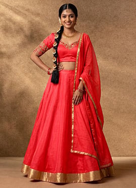 Coral Pink Silk Blend Lehenga Set With Zari Hand Embroidery