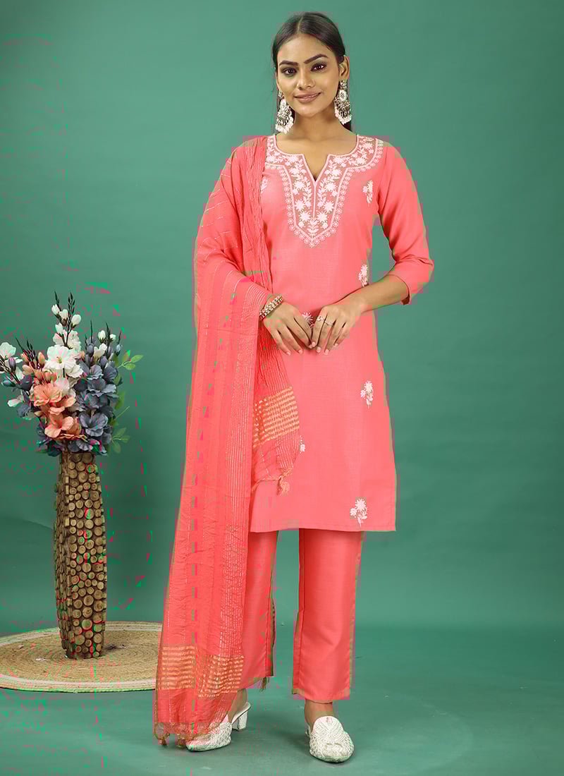 Teen Girls Coral Rayon Embroidered Straight Pant Suit Festive Wear