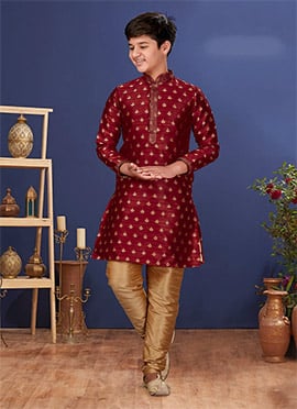 Coral Red Jacquard Silk Kurta Pyjama