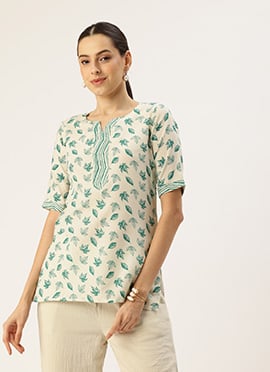 Teen Girls Cream Art Silk Cotton Printed Short Kurti