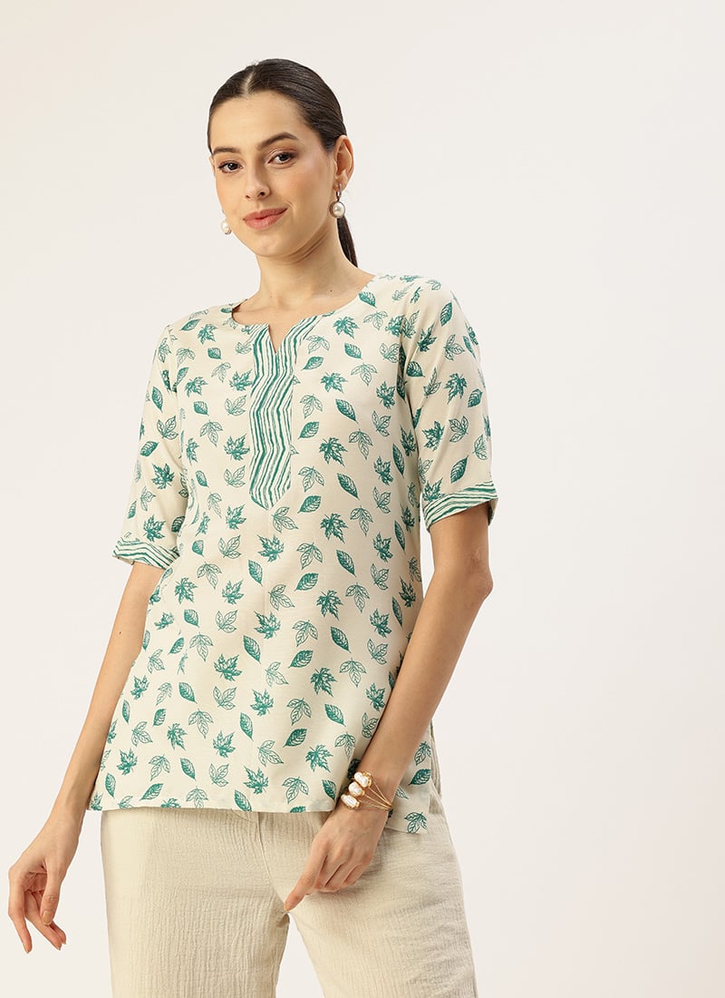 Cream Art Silk Cotton Printed Short Kurti
