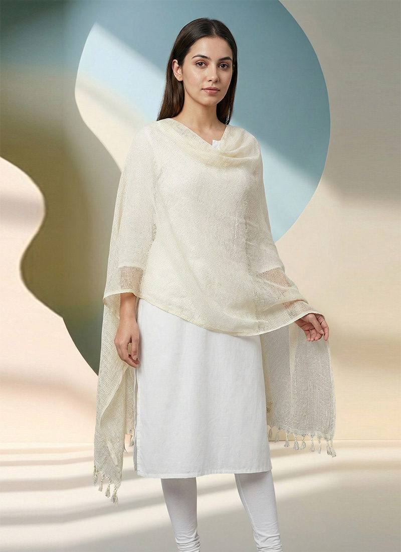 Cream Art Silk Cotton Zari Dupatta After Six Wear