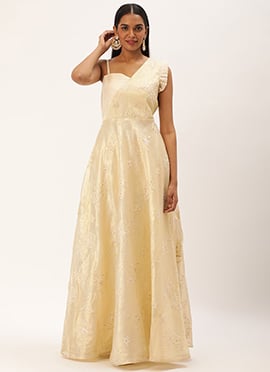 Cream Art Silk Embroidered Gown