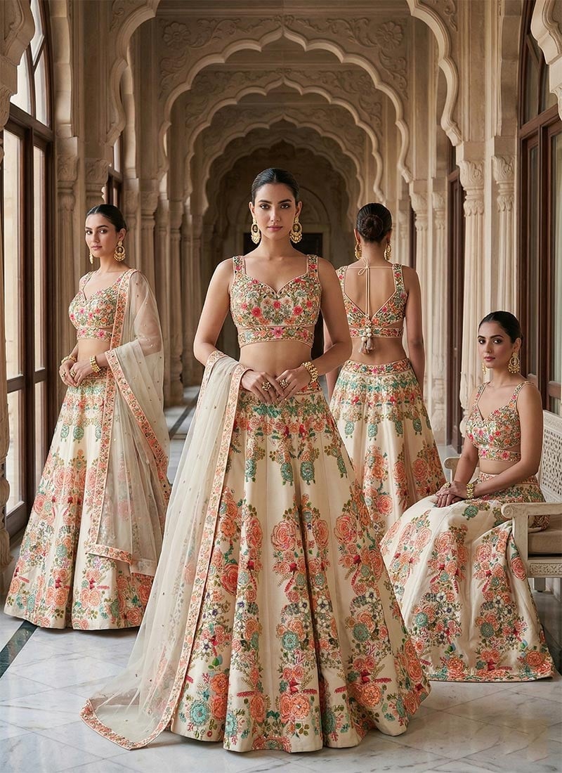 Cream Art Silk Embroidered Printed Umbrella Lehenga Party Wear