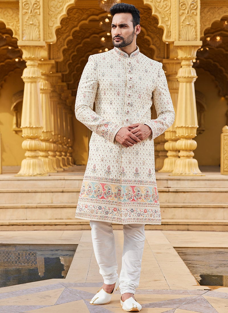 Cream Art Silk Hand Embroidered Sherwani Wedding Wear